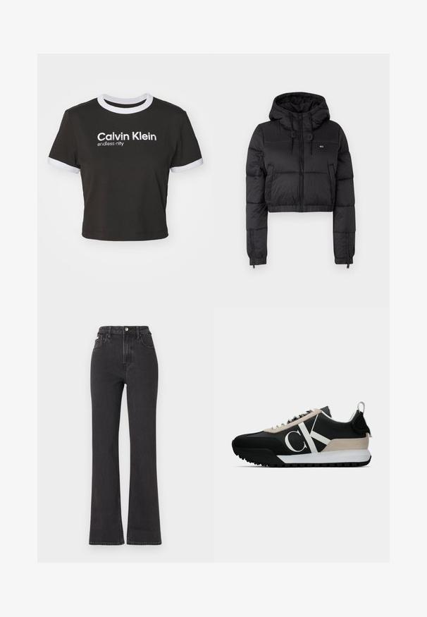 Juodas trumpas pūkinis džemperis su gobtuvu, su priekine užtrauktuku, dviem šoninėmis kišenėmis ir elastingu apačiu. Lygi tekstūra su minimaliu ženklinimu.; Juodos spalvos trumpomis rankovėmis marškinėliai su balta apykakle ir rankovių akcentais. Pavaizduoti užrašai "Calvin Klein" ir "endless city" balta spalva. Minkštas medvilnės audinys.; Juodi aukštu liemeniu platėjantys džinsai, pagaminti iš džinsinio audinio, su mygtuko uždarymu, diržo kilpomis ir šoninėmis kišenėmis. Lygus paviršius su minimaliais išblukimais.; Juodos sportinės bateliai su smėlio spalvos zomšiniu akcentu, balta logo, guminis padas ir raišteliai. Yra tvirta viršutinė dalis ir kilpos užtraukimui ant kulno.