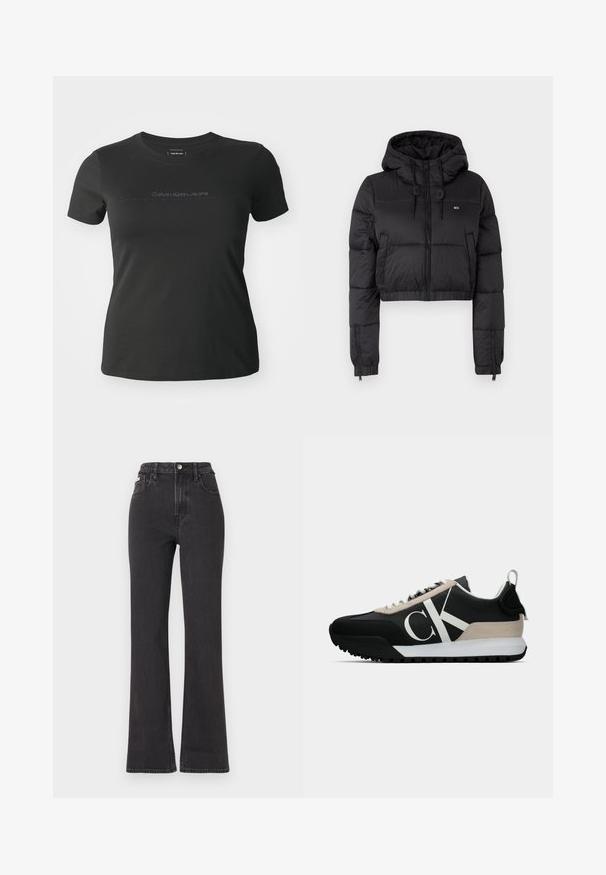 Melna saīsināta pūkainā jaka ar kapuci, ar priekšējo rāvējslēdzēju, divām sānu kabatām un elastīgu apakšmalu. Gluda tekstūra ar minimālu zīmolu.; Melnas īsām piedurknēm T-krekls, izgatavots no kokvilnas, ar apaļu kaklu un diskrētu "Calvin Klein Jeans" logo, kas izdrukāts uz priekšpuses.; Melnas augstā jostasvietā plati izgrieztas džinsus no denima, ar pogu aizdari, jostas cilpām un sānu kabatām. Gluda tekstūra ar minimālu izbalēšanu.; Melnas sporta kurpes ar pelēku zamša akcentu, baltu logotipu, gumijas zoli un auklām. Iespējas ietver izturīgu augšējo daļu un cilpu uz papēža.
