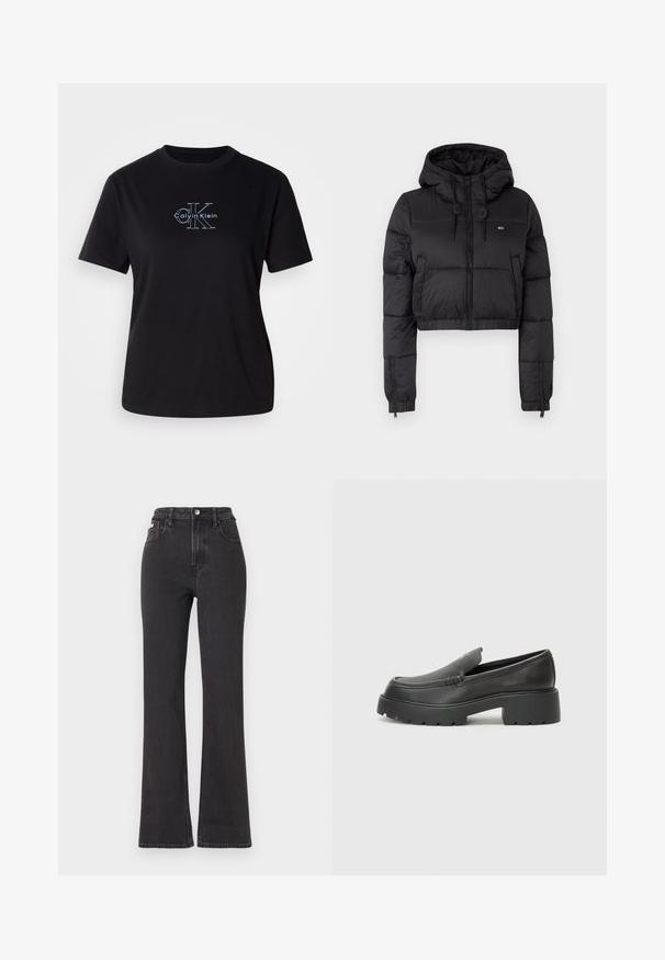 Black cropped puffer jacket with a hood, featuring a front zipper, two side pockets, and an elastic hem. Smooth texture with minimal branding.; Black cotton t-shirt with a round neck. Features white graphic logo "Calvin Klein" and stylized "CK" on the front. Short sleeves, relaxed fit.; Black high-waisted flared jeans made of denim, featuring a button closure, belt loops, and side pockets. Smooth texture with minimal fading.; Black leather loafers with a rounded toe, thick textured sole, and minimal stitching details. Sleek design with no visible laces or hardware.