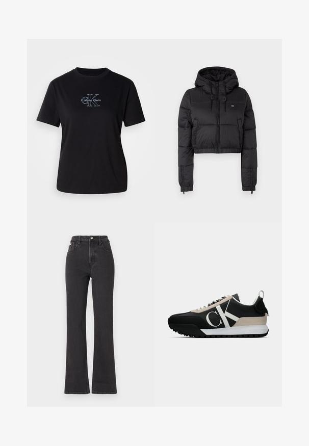 Črna skrajšana puffer jakna s kapuco, z zadrgo spredaj, dvema stranskima žepoma in elastičnim robom. Gladka tekstura z minimalnim logotipom.; Črn bombažni t-shirt z okroglim izrezom. Na sprednji strani je bel grafični logotip "Calvin Klein" in stiliziran "CK". Ima kratke rokave in sproščen kroj.; Črne kavbojke s visokim pasom in razširjenimi hlačnicami, narejene iz denima, z gumbom za zapiranje, zankami za pas in stranskimi žepi. Gladka tekstura z minimalnim bledenjem.; Črne tene z bež usnjenim detajlom, belim logotipom, gumijastim podplatom in vezalkami. Imajo trpežno zgornji del in zanko za vlečenje na peti.