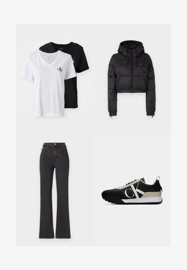 Fekete, rövidített puffertakaró kabát kapucnival, elülső cipzárral, két oldalsó zsebbel és elasztikus aljjal. Sima textúra, minimális márkázással.; Két V-nyakú póló: az egyik fehér, a másik fekete. Mindkettő pamut, rövid ujjal és kis logóval a bal mellkason. Egyszerű dizájn.; Fekete, magas derekú, trapéz fazonú farmernadrág, gombos záródással, övrésszel és oldalsó zsebekkel. Sima textúrájú, minimális kopással.; Fekete sportcipő bézs velúr kiegészítővel, fehér logóval, gumitalppal és fűzőkkel. Tartós felsőrésszel és húzófüllel rendelkezik a sarkán.