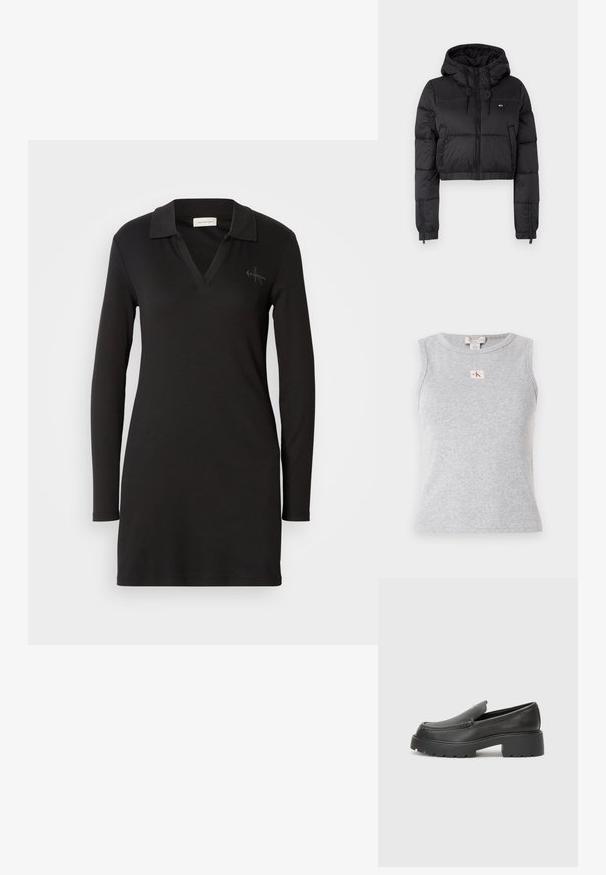 Juodas trumpas pūkinis džemperis su gobtuvu, su priekine užtrauktuku, dviem šoninėmis kišenėmis ir elastingu apačiu. Lygi tekstūra su minimaliu ženklinimu.; Pilkas be Rankovių Marškinėlis, pagamintas iš ribotos medžiagos, su apvaliu iškirpimu ir mažuoju CK logotipo etikete priekyje. Paprastas ir prigludęs dizainas.; Juodas ilgomis rankovėmis polo suknelė su V formos iškirpte, tekstūra su gumulėliais ir subtiliu logotipu kairiajame krūtinės kampelyje. Minkšta medvilnės mišinio medžiaga.; Juodi odiniai loaferiai su apvaliu pirštu, storu tekstūruotu padu ir minimaliu siūlių dekoru. Išskirtinis dizainas be matomų raištelių ar furnitūros.