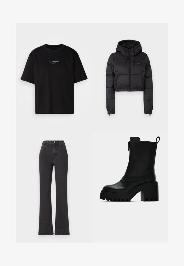 Čierna skrátená puffer bunda s kapucňou, s predným zipsom, dvoma bočnými vreckami a elastickým lemom. Hladká textúra s minimálnym brandingom.; Čierne bavlnené tričko s okrúhlym výstrihom, krátkymi rukávmi a modrým vyšívaným logom "Calvin Klein JEANS" na prednej strane.; Čierne džíny s vysokým pásom a rozšírenými nohavicami vyrobené z denimu, s gombíkovým zapínaním, pútkami na opasok a bočnými vreckami. Hladká textúra s minimálnym ošúchaním.; Čierne kožené členkové čižmy s robustnou podrážkou, blokovým podpätkom, bočným zipsom a pútkom na zadnej strane na jednoduchom bielom pozadí.