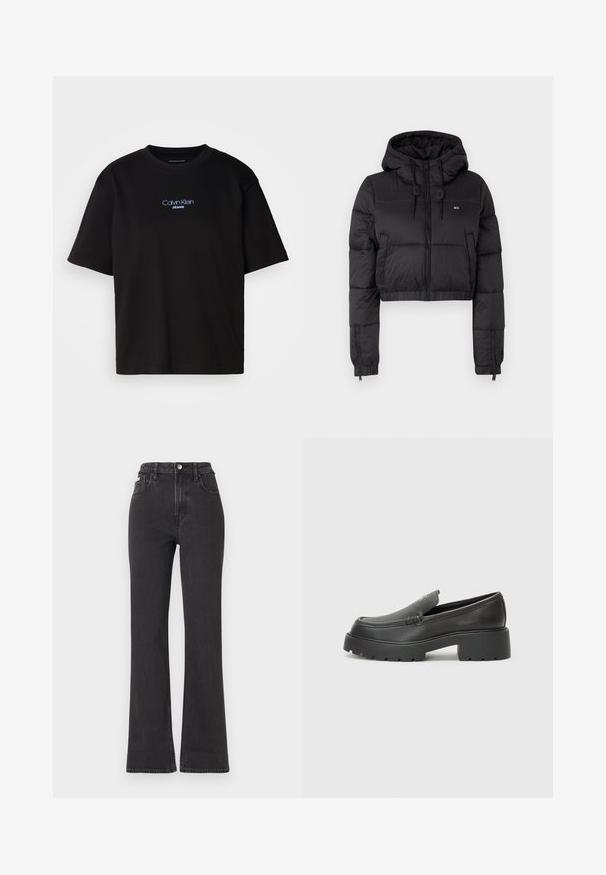Svart cropped pufferjakke med hette, med glidelås foran, to sidelommer og elastisk avslutning. Glatt tekstur med minimal merkevare.; Sort bomull t-skjorte med rund hals, korte ermer, og blå brodert "Calvin Klein JEANS" logo på forsiden.; Svarte høyt midje, utsvingte jeans laget av denim, med knappelukking, beltehemper og sidelommer. Glatt tekstur med minimal falming.; Sorte skinnloafers med rund tå, tykk teksturert såle og minimale sømdetaljer. Strømlinjeformet design uten synlige snørebånd eller hardvarer.