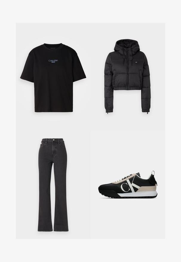 Čierna skrátená puffer bunda s kapucňou, s predným zipsom, dvoma bočnými vreckami a elastickým lemom. Hladká textúra s minimálnym brandingom.; Čierne bavlnené tričko s okrúhlym výstrihom, krátkymi rukávmi a modrým vyšívaným logom "Calvin Klein JEANS" na prednej strane.; Čierne džíny s vysokým pásom a rozšírenými nohavicami vyrobené z denimu, s gombíkovým zapínaním, pútkami na opasok a bočnými vreckami. Hladká textúra s minimálnym ošúchaním.; Čierne tenisky s béžovým semišovým akcentom, bielym logom, gumovou podrážkou a šnúrkami. Obsahujú odolný zvršok a pútko na päte.