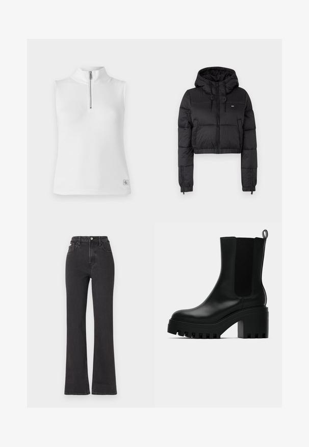 Zwarte cropped pufferjack met capuchon, voorzien van een ritssluiting aan de voorkant, twee zijzakken en een elastische zoom. Glad textuur met minimale branding.; Witte mouwloze top met een staande kraag en een halve rits. Heeft een geribbelde textuur en een klein merklabel aan de onderrand.; Zwarte hoge taille flared jeans van denim, met een knoopsluiting, riemlussen en zijzakken. Gladde textuur met minimale vervaging.; Zwarte lederen enkelboot met ronde neus, chunky plateauzool en mesh zijaccenten. Voorzien van een trekband voor gemakkelijk aan- en uittrekken.