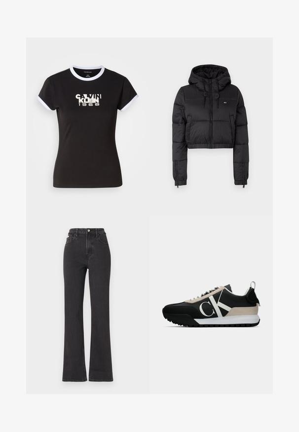 Melna saīsināta pūkainā jaka ar kapuci, ar priekšējo rāvējslēdzēju, divām sānu kabatām un elastīgu apakšmalu. Gluda tekstūra ar minimālu zīmolu.; Melns T-krekls ar baltām apmalēm, centrā ir drosmīga Calvin Klein 1968 grafika. Izgatavots no kokvilnas, īsām piedurknēm.; Melnas augstā jostasvietā plati izgrieztas džinsus no denima, ar pogu aizdari, jostas cilpām un sānu kabatām. Gluda tekstūra ar minimālu izbalēšanu.; Melnas sporta kurpes ar pelēku zamša akcentu, baltu logotipu, gumijas zoli un auklām. Iespējas ietver izturīgu augšējo daļu un cilpu uz papēža.