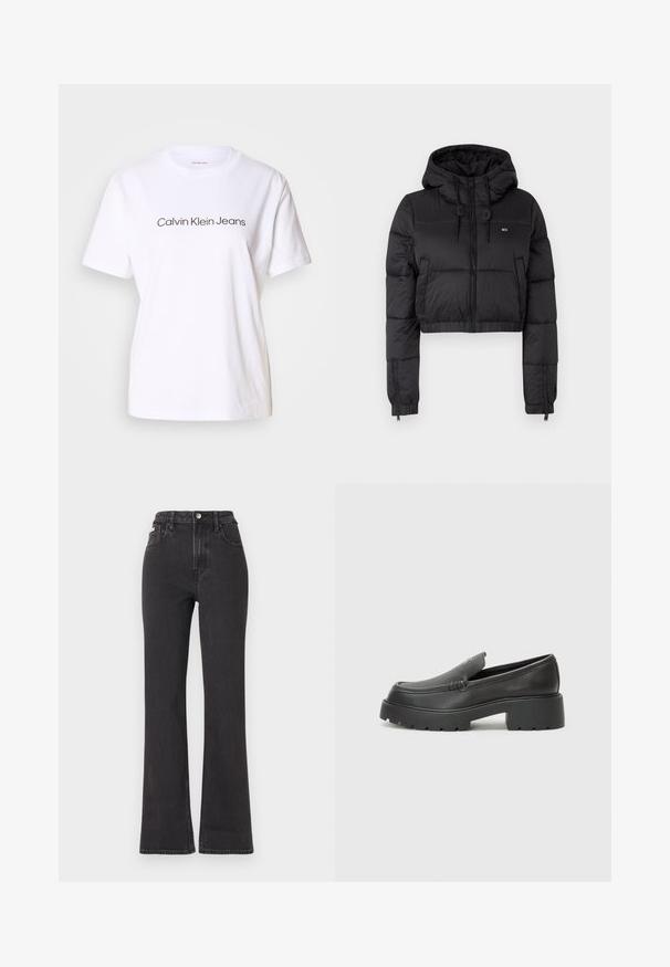Black cropped puffer jacket with a hood, featuring a front zipper, two side pockets, and an elastic hem. Smooth texture with minimal branding.; White cotton t-shirt with short sleeves, featuring black text "Calvin Klein Jeans" across the front. Crew neck design, smooth texture.; Black high-waisted flared jeans made of denim, featuring a button closure, belt loops, and side pockets. Smooth texture with minimal fading.; Black leather loafers with a rounded toe, thick textured sole, and minimal stitching details. Sleek design with no visible laces or hardware.
