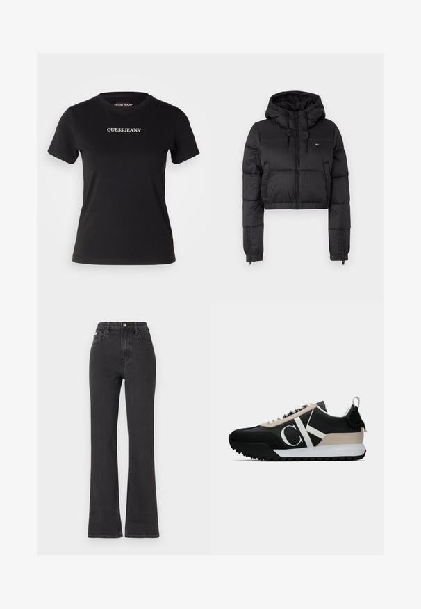 Črna skrajšana puffer jakna s kapuco, z zadrgo spredaj, dvema stranskima žepoma in elastičnim robom. Gladka tekstura z minimalnim logotipom.; Črna bombažna majica s prilegajočo se obliko, kratkimi rokavi in okroglo ovratnico. Na sprednji strani ima bel logotip "GUESS JEANS".; Črne kavbojke s visokim pasom in razširjenimi hlačnicami, narejene iz denima, z gumbom za zapiranje, zankami za pas in stranskimi žepi. Gladka tekstura z minimalnim bledenjem.; Črne tene z bež usnjenim detajlom, belim logotipom, gumijastim podplatom in vezalkami. Imajo trpežno zgornji del in zanko za vlečenje na peti.