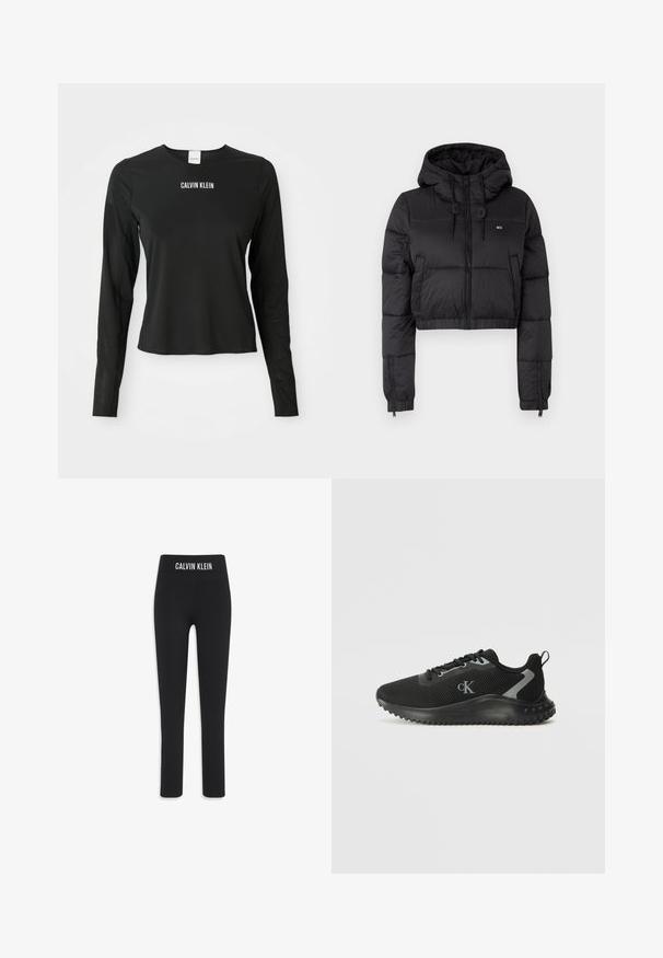 Črna skrajšana puffer jakna s kapuco, z zadrgo spredaj, dvema stranskima žepoma in elastičnim robom. Gladka tekstura z minimalnim logotipom.; Črni dolg rokav mrežasta majica s krožnim ovratnikom, ki je na sredini prsnega dela okrašena z belim logotipom "CALVIN KLEIN".; Črne legice iz raztegljivega materiala, s širokim pasom in logotipom "CALVIN KLEIN", ožjega kroja in dolžine do gležnov.; Črne nizke športne superge z zračnim mrežastim materialom, vezalkami, teksturiranim podplatom in logotipom "cK" na strani.