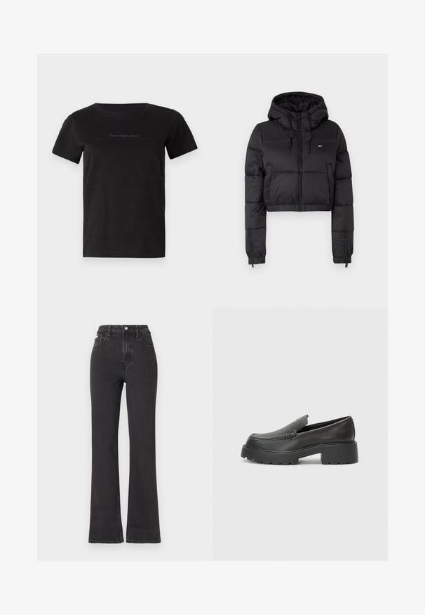 Juodas trumpas pūkinis džemperis su gobtuvu, su priekine užtrauktuku, dviem šoninėmis kišenėmis ir elastingu apačiu. Lygi tekstūra su minimaliu ženklinimu.; Juodas medvilninis marškinėliai su apvaliu iškirpimu ir trumpomis rankovėmis. Turi subtilų pilkos spalvos logotipą krūtinės srityje.; Juodi aukštu liemeniu platėjantys džinsai, pagaminti iš džinsinio audinio, su mygtuko uždarymu, diržo kilpomis ir šoninėmis kišenėmis. Lygus paviršius su minimaliais išblukimais.; Juodi odiniai loaferiai su apvaliu pirštu, storu tekstūruotu padu ir minimaliu siūlių dekoru. Išskirtinis dizainas be matomų raištelių ar furnitūros.