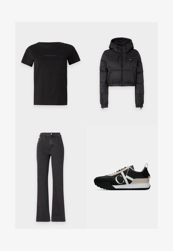 Juodas trumpas pūkinis džemperis su gobtuvu, su priekine užtrauktuku, dviem šoninėmis kišenėmis ir elastingu apačiu. Lygi tekstūra su minimaliu ženklinimu.; Juodas medvilninis marškinėliai su apvaliu iškirpimu ir trumpomis rankovėmis. Turi subtilų pilkos spalvos logotipą krūtinės srityje.; Juodi aukštu liemeniu platėjantys džinsai, pagaminti iš džinsinio audinio, su mygtuko uždarymu, diržo kilpomis ir šoninėmis kišenėmis. Lygus paviršius su minimaliais išblukimais.; Juodos sportinės bateliai su smėlio spalvos zomšiniu akcentu, balta logo, guminis padas ir raišteliai. Yra tvirta viršutinė dalis ir kilpos užtraukimui ant kulno.