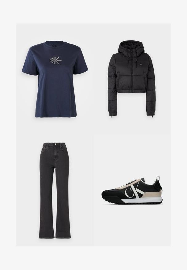 Jacheta scurtă din fâș neagră cu glugă, având un fermoar frontal, două buzunare laterale și o margine elastică. Textură netedă cu branding minim.; Tricou din bumbac de culoare bleumarin, cu mâneci scurte, având un mic logo alb "Calvin Klein" în partea din față, la centru. Gât rotund, croi lejer.; Jeans negre cu talie înaltă, evazate, din denim, cu închidere prin buton, bucle pentru curea și buzunare laterale. Textură netedă, cu decolorare minimă.; Pantofi sport negri cu un accent din suede bej, logo alb, talpă din cauciuc și șireturi. Prezintă o parte superioară durabilă și un tab de prindere la călcâi.