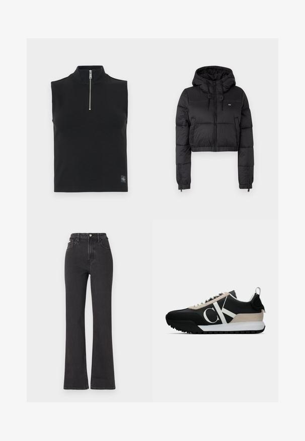 Jaqueta corta puffer preta com capuz, apresentando um fecho frontal, dois bolsos laterais e uma bainha elástica. Textura suave com mínima marcação.; Top preto sem mangas com uma gola alta e um fecho de zíper curto, feito de material canalé. Apresenta um pequeno logótipo na parte inferior.; Jeans flared pretos de cintura alta feitos de denim, com fecho de botão, passadores para cinto e bolsos laterais. Textura suave com desbotamento mínimo.; Sapatilha preta com um detalhe em camurça bege, logo branco, sola de borracha e atacadores. Possui um cabedal durável e uma alça na parte de trás.