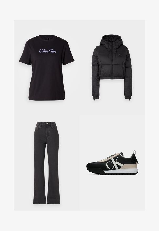Jaqueta corta puffer preta com capuz, apresentando um fecho frontal, dois bolsos laterais e uma bainha elástica. Textura suave com mínima marcação.; T-shirt de algodão preto com gola redonda e mangas curtas. A parte da frente apresenta um logótipo em caligrafia "Calvin Klein" em bordado roxo claro.; Jeans flared pretos de cintura alta feitos de denim, com fecho de botão, passadores para cinto e bolsos laterais. Textura suave com desbotamento mínimo.; Sapatilha preta com um detalhe em camurça bege, logo branco, sola de borracha e atacadores. Possui um cabedal durável e uma alça na parte de trás.