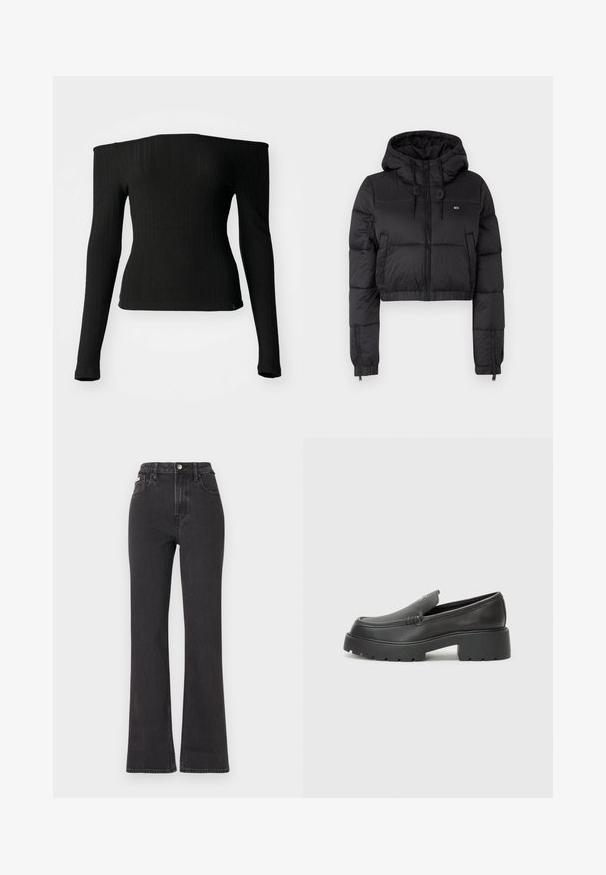 Fekete, rövidített puffertakaró kabát kapucnival, elülső cipzárral, két oldalsó zsebbel és elasztikus aljjal. Sima textúra, minimális márkázással.; Fekete, hosszú ujjú felső, bordázott anyagból, vállra csúsztatott nyakkivágással, testhez simuló fazonnal és egyenes szegéllyel. Finom márkajelzés az alján.; Fekete, magas derekú, trapéz fazonú farmernadrág, gombos záródással, övrésszel és oldalsó zsebekkel. Sima textúrájú, minimális kopással.; Fekete bőr loafer cipők kerek orral, vastag, texturált talppal és minimális varrási részletekkel. Áramvonalas dizájn, látható fűzők vagy fém részek nélkül.