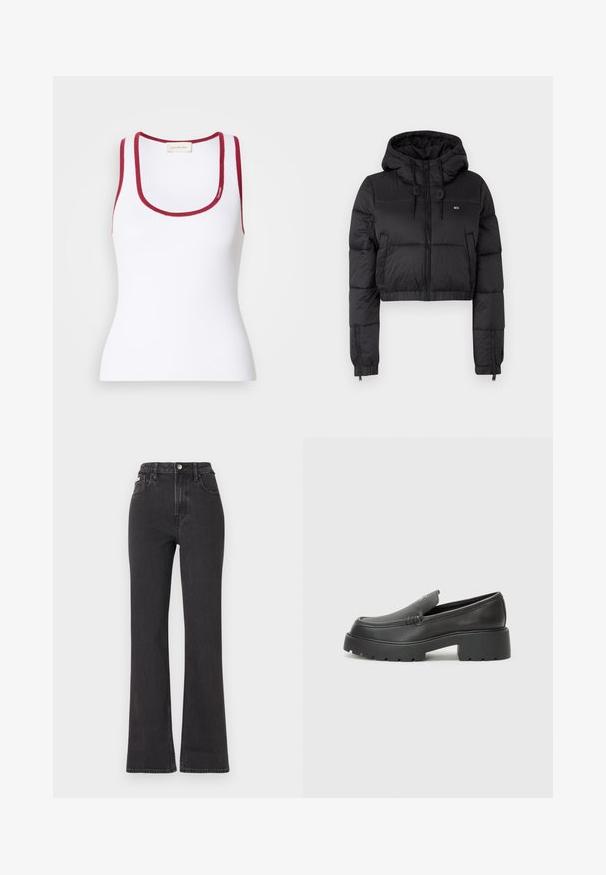 Zwarte cropped pufferjack met capuchon, voorzien van een ritssluiting aan de voorkant, twee zijzakken en een elastische zoom. Glad textuur met minimale branding.; Witte aansluitende tanktop van ribmateriaal, met een ronde halslijn en rode accenten langs de randen. Calvin Klein logo detail inbegrepen.; Zwarte hoge taille flared jeans van denim, met een knoopsluiting, riemlussen en zijzakken. Gladde textuur met minimale vervaging.; Zwarte leren instappers met een ronde neus, dikke getextureerde zool en minimale stikseldetails. Strak ontwerp zonder zichtbare veters of hardware.