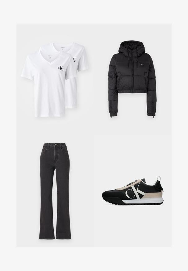 Jaqueta corta puffer preta com capuz, apresentando um fecho frontal, dois bolsos laterais e uma bainha elástica. Textura suave com mínima marcação.; Duas t-shirts brancas de algodão em corte v com mangas curtas e um pequeno logótipo preto 'Calvin Klein' na área do peito esquerdo.; Jeans flared pretos de cintura alta feitos de denim, com fecho de botão, passadores para cinto e bolsos laterais. Textura suave com desbotamento mínimo.; Sapatilha preta com um detalhe em camurça bege, logo branco, sola de borracha e atacadores. Possui um cabedal durável e uma alça na parte de trás.