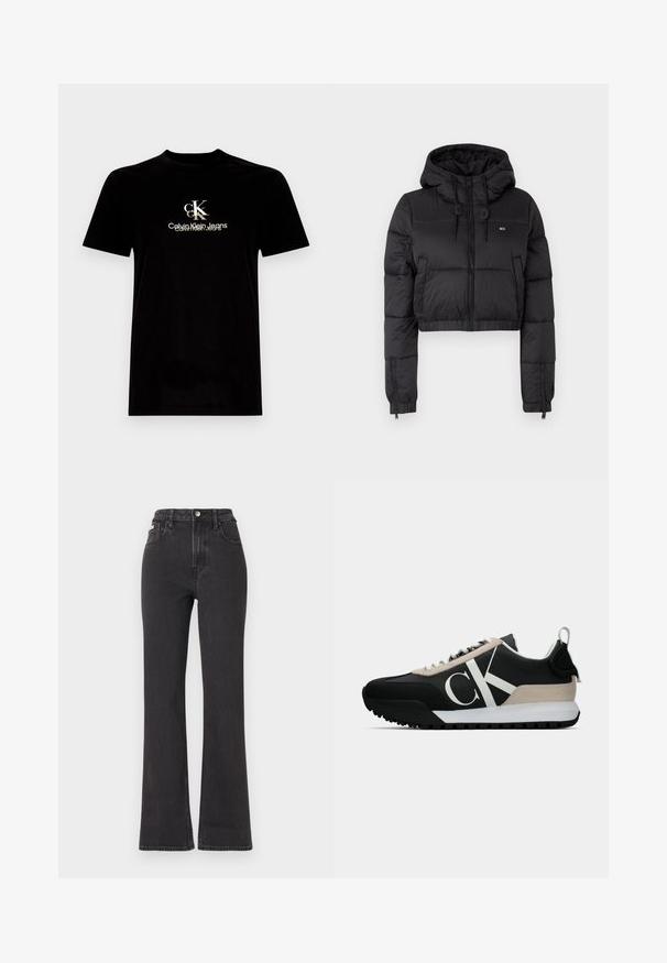 Svart cropped pufferjakke med hette, med glidelås foran, to sidelommer og elastisk avslutning. Glatt tekstur med minimal merkevare.; Svart bomull t-skjorte med korte ermer, med et hvitt og gull "CK"-logo og teksten "Calvin Klein Jeans" på forsiden. Standard passform.; Svarte høyt midje, utsvingte jeans laget av denim, med knappelukking, beltehemper og sidelommer. Glatt tekstur med minimal falming.; Svart sneaker med en beige semsket aksent, hvit logo, gummisåle og snører. Har et slitesterkt overmateriale og en løfletapp på hælen.