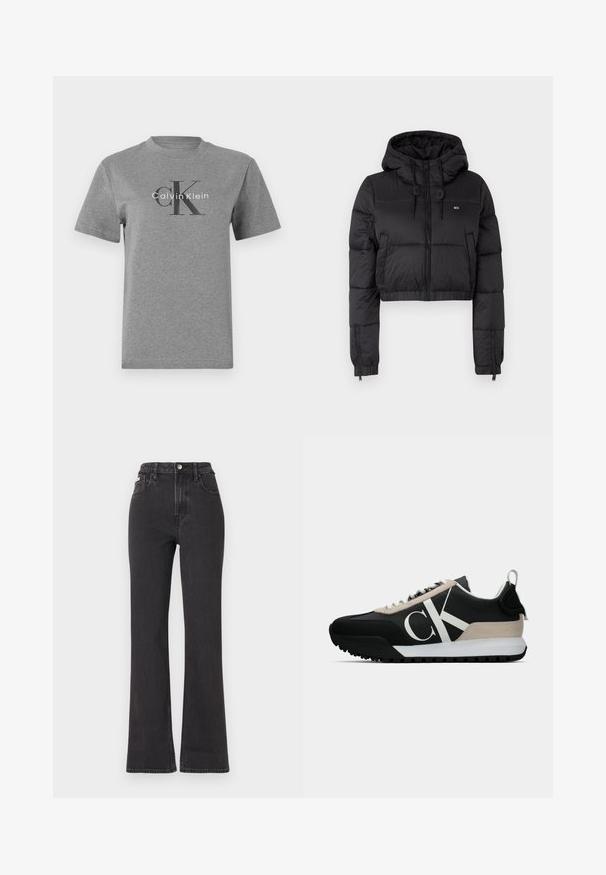Black cropped puffer jacket with a hood, featuring a front zipper, two side pockets, and an elastic hem. Smooth texture with minimal branding.; Grey cotton t-shirt with a crew neck, short sleeves, featuring a black "CK" logo and "Calvin Klein" text in white.; Black high-waisted flared jeans made of denim, featuring a button closure, belt loops, and side pockets. Smooth texture with minimal fading.; Black sneaker with a beige suede accent, white logo, rubber sole, and laces. Features a durable upper and a pull tab on the heel.