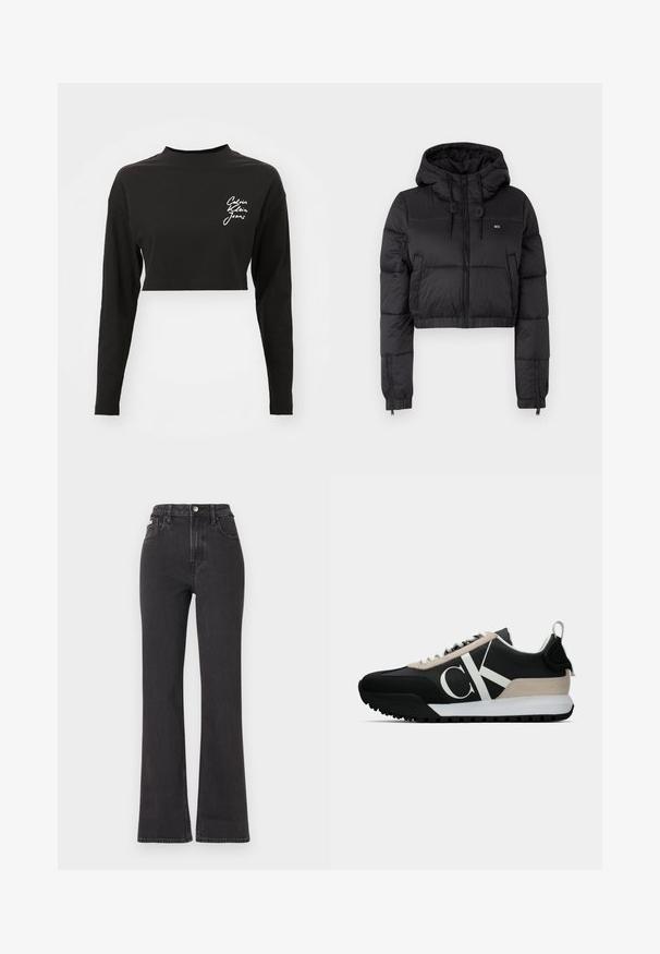Jacheta scurtă din fâș neagră cu glugă, având un fermoar frontal, două buzunare laterale și o margine elastică. Textură netedă cu branding minim.; Crop top negru cu mânecă lungă, realizat din bumbac moale, având guler înalt și un logo alb pe partea stângă a pieptului.; Jeans negre cu talie înaltă, evazate, din denim, cu închidere prin buton, bucle pentru curea și buzunare laterale. Textură netedă, cu decolorare minimă.; Pantofi sport negri cu un accent din suede bej, logo alb, talpă din cauciuc și șireturi. Prezintă o parte superioară durabilă și un tab de prindere la călcâi.