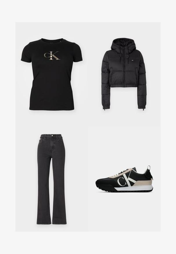 Čierna skrátená puffer bunda s kapucňou, s predným zipsom, dvoma bočnými vreckami a elastickým lemom. Hladká textúra s minimálnym brandingom.; Čierne bavlnené tričko s kovovým strieborným logom "ck" na prednej strane. Krátke rukávy a okrúly výstrih. Hladká textúra.; Čierne džíny s vysokým pásom a rozšírenými nohavicami vyrobené z denimu, s gombíkovým zapínaním, pútkami na opasok a bočnými vreckami. Hladká textúra s minimálnym ošúchaním.; Čierne tenisky s béžovým semišovým akcentom, bielym logom, gumovou podrážkou a šnúrkami. Obsahujú odolný zvršok a pútko na päte.