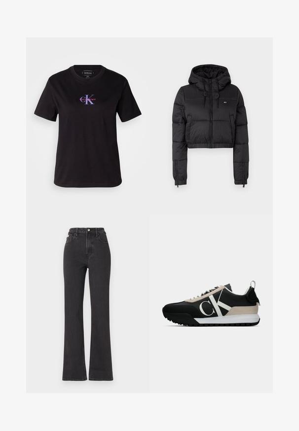 Chaqueta acolchada recortada negra con capucha, que cuenta con un cierre frontal, dos bolsillos laterales y un dobladillo elástico. Textura suave con un mínimo de marcas.; Camiseta de algodón negra con cuello redondo. Presenta un logo frontal en púrpura y rojo. Mangas cortas con un corte relajado.; Jeans de cintura alta negros en tejido de mezclilla, con cierre de botón, presillas para cinturón y bolsillos laterales. Textura suave con un desvanecimiento mínimo.; Zapatilla negra con un acento de ante beige, logo blanco, suela de goma y cordones. Presenta un upper duradero y un tirador en el talón.