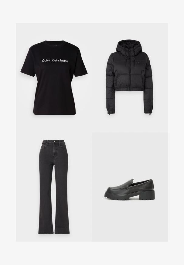 Must musta puffer jakk, millel on kapuuts, esiküljel lukuga kinni, kahes külg taskus ja elastne alläär. Sile tekstuur, minimaalne bränding.; Must musta särk lühikeste varrukatega, ümar kaelus ja keskelt rinnal valge "Calvin Klein Jeans" logo. Siledat tekstuuri.; Mustad kõrge vöökohaga laienevad teksapüksid, mis on valmistatud denimist, varustatud nööbiga kinnitamise, vöörihmade ja küljetaskutega. Sile tekstuur minimaalse pleekimisega.; Mustad nahast loafers ümarate varvastega, paksu tekstuuriga tald ja minimaalsete õmbluse detailidega. Viimistletud disain, kus pole nähtavaid paelu ega riistu.