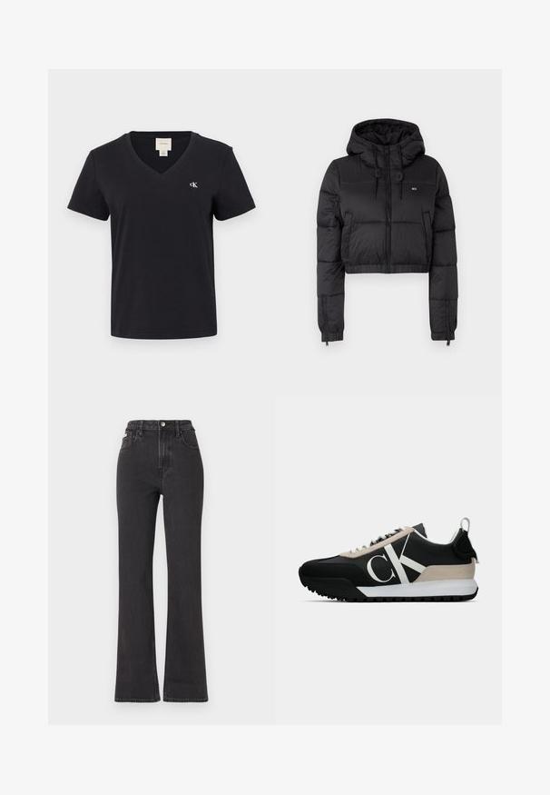 Mustat lyhyet untuvatakki hupulla, jossa on etuvetoketju, kaksi sivutaskua ja elastinen helma. Sileä pinta, jossa on minimaalinen brändäys.; Musta puuvillainen V-pään aukko, lyhyillä hihoilla, jossa on pieni valkoinen "ck" -logo vasemmassa rinnassa. Yksinkertainen, klassinen muotoilu.; Mustat korkeavartiset leveälahkeiset farkut, jotka on valmistettu denimistä. Varustettu nappikiinnityksellä, vyölenkeillä ja sivutaskuilla. Tasainen rakenne, jossa on minimaalista haalistumista.; Musta lenkkarit, joissa on beige mokkasiinikorostus, valkoinen logo, kumipohja ja nauhat. Ominaisuuksiin kuuluu kestävä päällinen ja vetoketju kantapäällä.