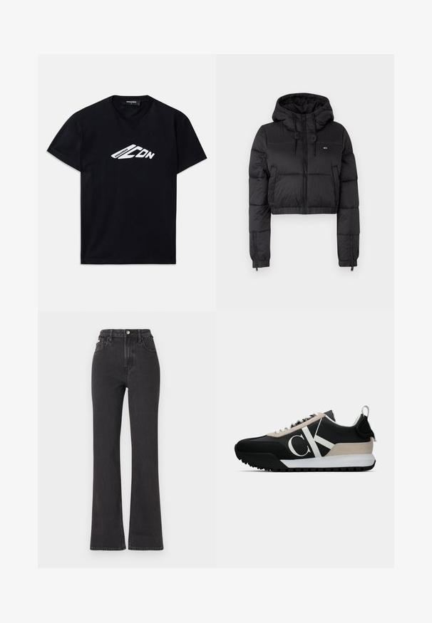 Chaqueta acolchada recortada negra con capucha, que cuenta con un cierre frontal, dos bolsillos laterales y un dobladillo elástico. Textura suave con un mínimo de marcas.; Camiseta de algodón negra de manga corta y cuello redondo. Presenta un logo gráfico blanco "DSQUARED2 CDN" en la parte frontal.; Jeans de cintura alta negros en tejido de mezclilla, con cierre de botón, presillas para cinturón y bolsillos laterales. Textura suave con un desvanecimiento mínimo.; Zapatilla negra con un acento de ante beige, logo blanco, suela de goma y cordones. Presenta un upper duradero y un tirador en el talón.