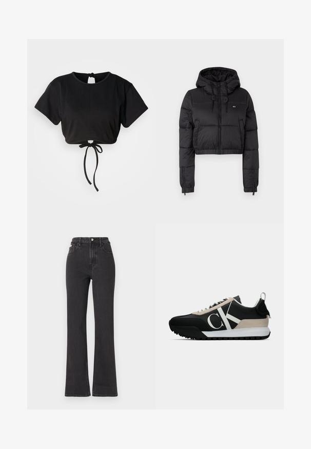 Melna saīsināta pūkainā jaka ar kapuci, ar priekšējo rāvējslēdzēju, divām sānu kabatām un elastīgu apakšmalu. Gluda tekstūra ar minimālu zīmolu.; Melns īss T-krekls, izgatavots no maigas auduma, ar īsām piedurknēm, apaļu kakla izgriezumu un saistīšanas detalizāciju aizmugurē pielāgošanai.; Melnas augstā jostasvietā plati izgrieztas džinsus no denima, ar pogu aizdari, jostas cilpām un sānu kabatām. Gluda tekstūra ar minimālu izbalēšanu.; Melnas sporta kurpes ar pelēku zamša akcentu, baltu logotipu, gumijas zoli un auklām. Iespējas ietver izturīgu augšējo daļu un cilpu uz papēža.