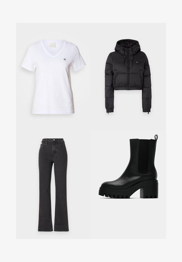 Mustat lyhyet untuvatakki hupulla, jossa on etuvetoketju, kaksi sivutaskua ja elastinen helma. Sileä pinta, jossa on minimaalinen brändäys.; Valkoinen puuvillainen lyhythihainen V-kauluspaita, jossa on pieni musta "CK"-logo vasemmassa rintataskussa. Sujuva pinta ja klassinen muotoilu.; Mustat korkeavartiset leveälahkeiset farkut, jotka on valmistettu denimistä. Varustettu nappikiinnityksellä, vyölenkeillä ja sivutaskuilla. Tasainen rakenne, jossa on minimaalista haalistumista.; Mustat nahkasaappaat nilkkamittaisella, pyöreällä kärjellä, paksulla pohjalla ja verkkokankaiset sivuosat. Varustettu vetonauhalla, joka helpottaa pukemista.