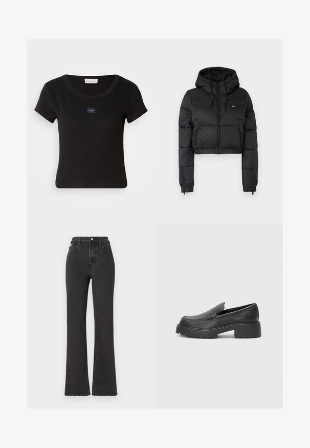 Melna saīsināta pūkainā jaka ar kapuci, ar priekšējo rāvējslēdzēju, divām sānu kabatām un elastīgu apakšmalu. Gluda tekstūra ar minimālu zīmolu.; Melna, īsām piedurknēm t-krekls ar ribotu tekstūru, kurā ir neliela logo uzšuve krūtīs un apaļa kakla izgriezums.; Melnas augstā jostasvietā plati izgrieztas džinsus no denima, ar pogu aizdari, jostas cilpām un sānu kabatām. Gluda tekstūra ar minimālu izbalēšanu.; Melnas ādas mokasīni ar noapaļotu purngalu, biezs teksturēts zoles un minimālas dūriena detaļas. Gluds dizains bez redzamām auklām vai metāla elementiem.