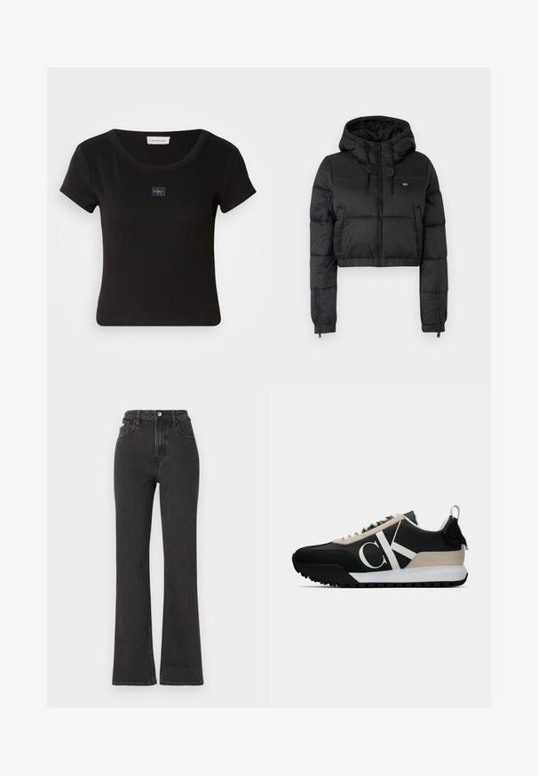 Crna skraćena puffer jakna s kapuljačom, s prednjim zatvaračem, dva bočna džepa i elastičnom donjom rubom. Glatka tekstura s minimalnim brendiranjem.; Crna majica kratkih rukava s rebrastom teksturom, koja sadrži mali logo na prsima i okrugli izrez.; Crne traperice s visokim strukom i proširenim dnom, izrađene od denima, s kopčanjem na dugme, petljama za remen i bočnim džepovima. Glatka tekstura s minimalnim izblijedjenjem.; Crne tenisice s bež suedenim detaljima, bijelim logotipom, gumenim potplatom i vezicama. Imaju izdržljiv gornji dio i trakicu za povlačenje na peti.