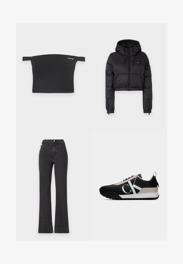 Chaqueta acolchada recortada negra con capucha, que cuenta con un cierre frontal, dos bolsillos laterales y un dobladillo elástico. Textura suave con un mínimo de marcas.; Top corto negro con diseño de hombros al aire, hecho de una tela suave. Presenta tirantes delgados y un pequeño logo blanco de Calvin Klein en la parte delantera.; Jeans de cintura alta negros en tejido de mezclilla, con cierre de botón, presillas para cinturón y bolsillos laterales. Textura suave con un desvanecimiento mínimo.; Zapatilla negra con un acento de ante beige, logo blanco, suela de goma y cordones. Presenta un upper duradero y un tirador en el talón.