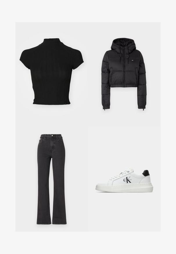 Czarna krótka kurtka puchowa z kapturem, z zamkiem błyskawicznym z przodu, dwoma bocznymi kieszeniami i elastycznym dołem. Gładka tekstura z minimalnym logo.; Czarny krótki top wykonany z prążkowanej dzianiny, z wysoką szyją, krótkimi rękawami z mankietem oraz małą metką marki w lewym dolnym rogu.; Czarne jeansy z wysokim stanem i rozszerzanym dołem, wykonane z denimu, z zapięciem na guzik, szlufkami na pasek oraz kieszeniami bocznymi. Gładka faktura z minimalnym przetarciem.; Białe sneakersy typu low-top z czarnym paskiem na pięcie, platformą, sznurowadłami i logo "CK" marki Calvin Klein na boku.
