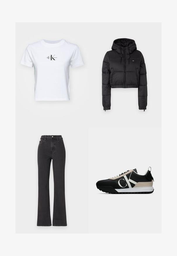 Μαύρο κοντό μπουφάν με γούνα και κουκούλα, διαθέτει μπροστινό φερμουάρ, δύο πλαϊνές τσέπες και ελαστική ραφή. Απαλή υφή με ελάχιστη σήμανση.; Λευκό βαμβακερό t-shirt με στρογγυλή λαιμόκοψη και κοντά μανίκια. Διαθέτει μαύρο λογότυπο "CK" και "Calvin Klein Jeans" κεντραρισμένο στο μπροστινό μέρος.; Μαύρα ψηλόμεσα τζιν με φαρδιά γραμμή, κατασκευασμένα από τζιν, διαθέτουν κλείσιμο με κουμπί, θηλιές ζώνης και πλαϊνές τσέπες. Λείος υφή με ελάχιστη φθορά.; Μαύρο αθλητικό παπούτσι με μπεζ suede λεπτομέρεια, λευκό λογότυπο, rubber σόλα και κορδόνια. Διαθέτει ανθεκτικό επάνω μέρος και θηλιά στο τακούνι.