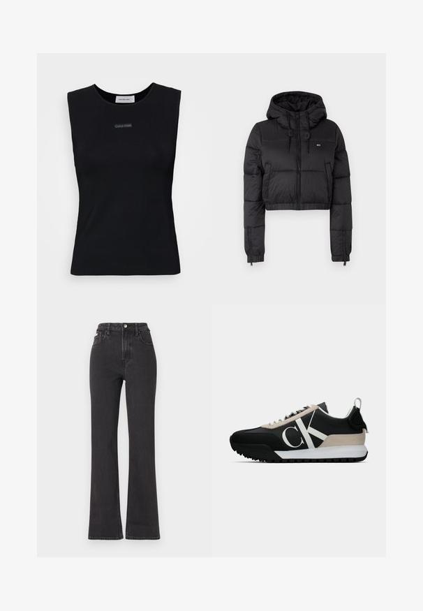 Black cropped puffer jacket with a hood, featuring a front zipper, two side pockets, and an elastic hem. Smooth texture with minimal branding.; Black sleeveless top made of smooth fabric. Features a round neckline and a small Calvin Klein logo in the center. Simple and fitted design.; Black high-waisted flared jeans made of denim, featuring a button closure, belt loops, and side pockets. Smooth texture with minimal fading.; Black sneaker with a beige suede accent, white logo, rubber sole, and laces. Features a durable upper and a pull tab on the heel.