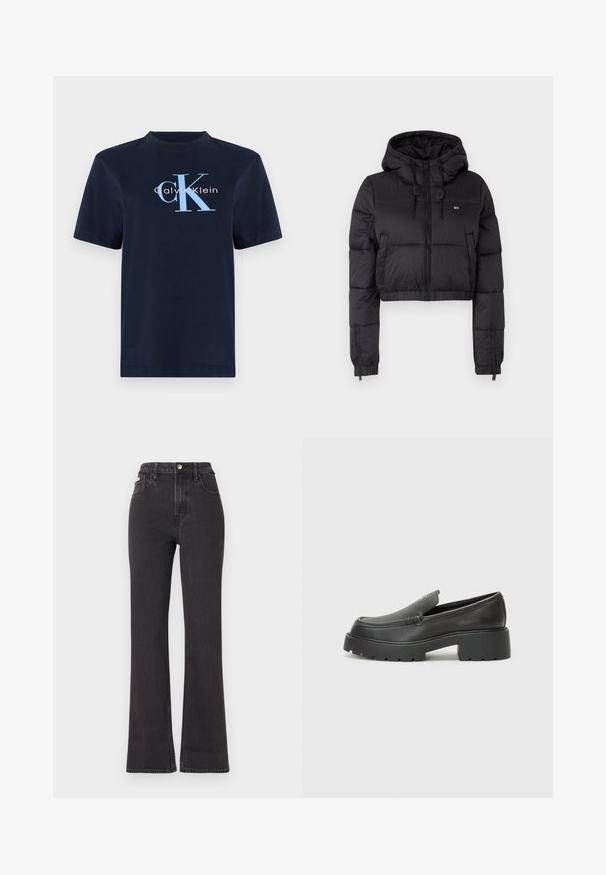 Giacca a vento cropped nera con cappuccio, dotata di chiusura frontale con zip, due tasche laterali e orlo elasticizzato. Texture liscia con branding minimale.; T-shirt in cotone blu navy con maniche corte, caratterizzata dal logo "Calvin Klein" in azzurro e rosa sul davanti. Scollo tondo semplice.; Jeans neri a vita alta e a zampa d'elefante in denim, con chiusura a bottoni, passanti per cintura e tasche laterali. Texture liscia con minimal fading.; Mocassini in pelle nera con punta arrotondata, suola spessa e testurizzata, e minime cuciture. Design elegante senza lacci o parti metalliche visibili.