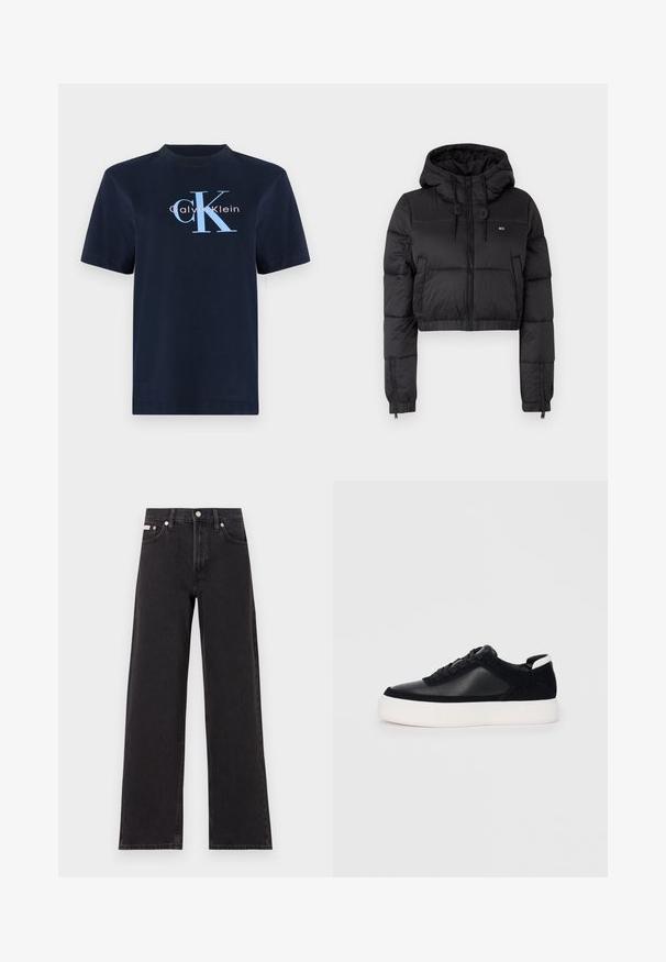 Zwarte cropped pufferjack met capuchon, voorzien van een ritssluiting aan de voorkant, twee zijzakken en een elastische zoom. Glad textuur met minimale branding.; Navyblauw katoenen T-shirt met korte mouwen, met het logo "Calvin Klein" in lichtblauw en roze op de voorkant. Eenvoudige ronde hals.; Zwarte wijde spijkerbroeken van denim, met een hoge taille, vijf-pocket stijl en een metalen knoopsluiting met contrasterende stiksels.; Zwarte sneaker met glad leer en suede panelen, platte veters, ronde neus en een witte rubberen zool. Duidelijk logo op de hiel.