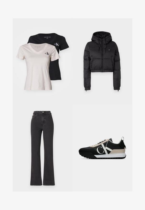 Černá zkrácená puffer bunda s kapucí, vybavená předním zipem, dvěma bočními kapsami a elastickým lemem. Hladká textura s minimálním značením.; Dvě v-neck trička: jedno béžové, druhé černé. Obě mají krátké rukávy a malé logo "CK" na hrudi; vyrobená z hladké bavlněné tkaniny.; Černé vysoké rozšířené džíny z denimu, se zapínáním na knoflík, poutky na opasek a bočními kapsami. Hladká textura s minimálním vyblednutím.; Černé tenisky s béžovým semišovým akcentem, bílým logem, gumovou skluznicí a tkaničkami. Nabízejí odolný svršek a poutko na patě.