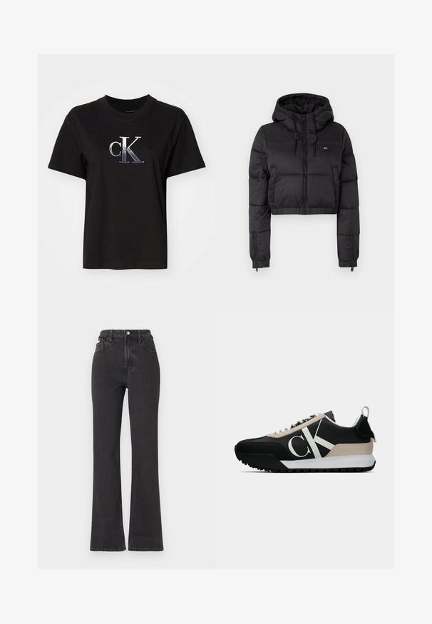 Černá zkrácená puffer bunda s kapucí, vybavená předním zipem, dvěma bočními kapsami a elastickým lemem. Hladká textura s minimálním značením.; Černé bavlněné tričko s kulatým výstřihem. Obsahuje stříbrně vyšívané logo "cK" a text "Calvin Klein Jeans" pod logem. Krátké rukávy.; Černé vysoké rozšířené džíny z denimu, se zapínáním na knoflík, poutky na opasek a bočními kapsami. Hladká textura s minimálním vyblednutím.; Černé tenisky s béžovým semišovým akcentem, bílým logem, gumovou skluznicí a tkaničkami. Nabízejí odolný svršek a poutko na patě.