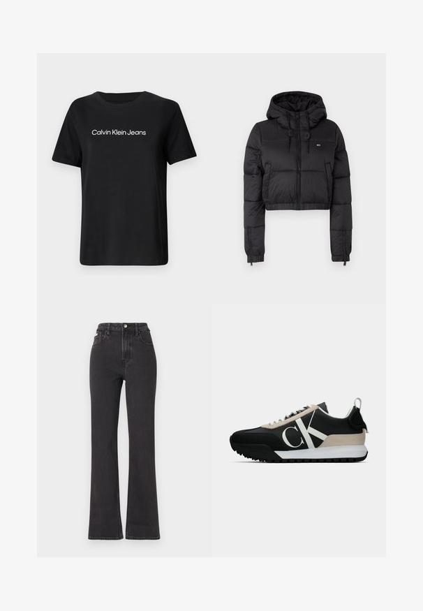 Juodas trumpas pūkinis džemperis su gobtuvu, su priekine užtrauktuku, dviem šoninėmis kišenėmis ir elastingu apačiu. Lygi tekstūra su minimaliu ženklinimu.; Juodas medvilninis marškinėlis, turintis trumpas rankoves ir apvalų kaklą. Priekis puikuojasi užrašu "Calvin Klein Jeans" baltu tekstu. Lygus paviršius.; Juodi aukštu liemeniu platėjantys džinsai, pagaminti iš džinsinio audinio, su mygtuko uždarymu, diržo kilpomis ir šoninėmis kišenėmis. Lygus paviršius su minimaliais išblukimais.; Juodos sportinės bateliai su smėlio spalvos zomšiniu akcentu, balta logo, guminis padas ir raišteliai. Yra tvirta viršutinė dalis ir kilpos užtraukimui ant kulno.