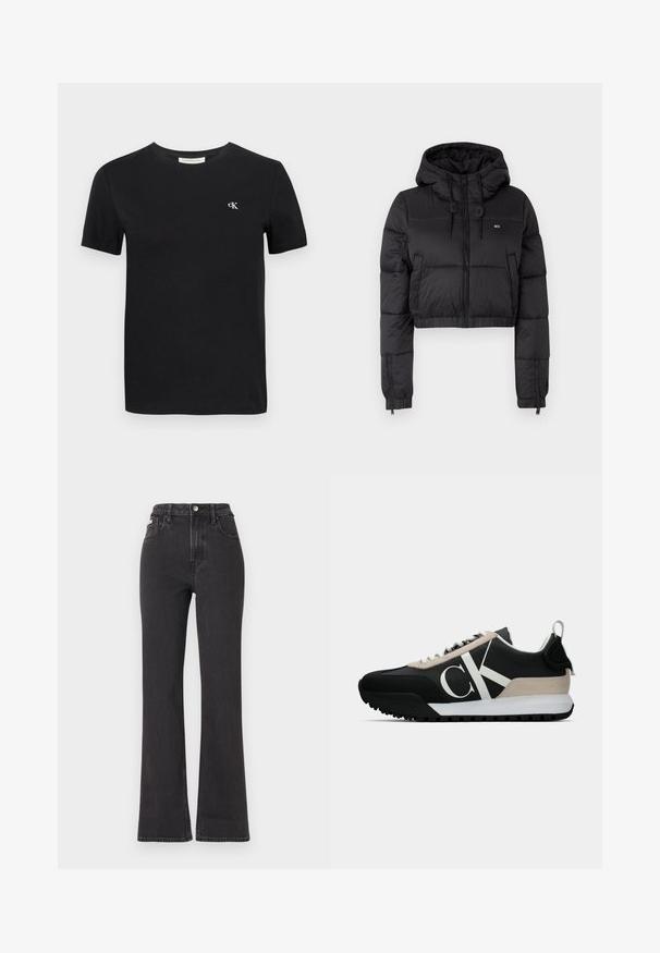 Černá zkrácená puffer bunda s kapucí, vybavená předním zipem, dvěma bočními kapsami a elastickým lemem. Hladká textura s minimálním značením.; Černé bavlněné tričko s klasickým kulatým výstřihem, krátkými rukávy a malým bílým vyšívaným logem "ck" na hrudi.; Černé vysoké rozšířené džíny z denimu, se zapínáním na knoflík, poutky na opasek a bočními kapsami. Hladká textura s minimálním vyblednutím.; Černé tenisky s béžovým semišovým akcentem, bílým logem, gumovou skluznicí a tkaničkami. Nabízejí odolný svršek a poutko na patě.