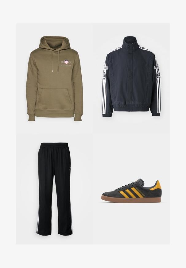 adidas Originals ADIBREAK  czarny; Oliwkowa bluza z kapturem, z kieszenią kangurką, kapturem ze sznurkiem oraz haftowanym logo przedstawiającym wzór herbu i tekst na klatce piersiowej.; Czarne sportowe spodnie z elastycznym paskiem w talii, z białymi paskami po bokach i małym logo. Materiał wydaje się miękki i lekki.; Czarne zamszowe sneakersy z żółtymi akcentami, z trzema paskami i brązową gumową podeszwą. Posiadają wyściełany język dla większego komfortu.
