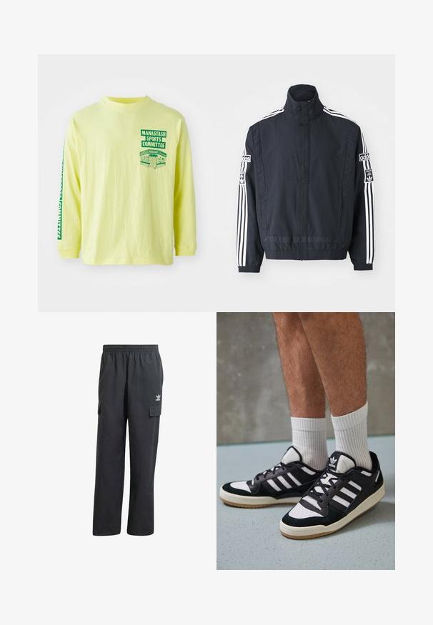 adidas Originals ADIBREAK - Vindjacka - black; Gul långärmad skjorta i bomull med grönt tryck på bröstet och ärmen som står "MANASTASH SPORTS COMMITTEE." Rundad hals.; Svarta cargo byxor med elastisk midja, två sidofickor och en diskret logotyp på vänstra låret. Tillverkade av ett lätt material.; Svartvita sneakers med ovandel i mocka och läder, med tre vita ränder, perforerad tå och sula av gummigummi.