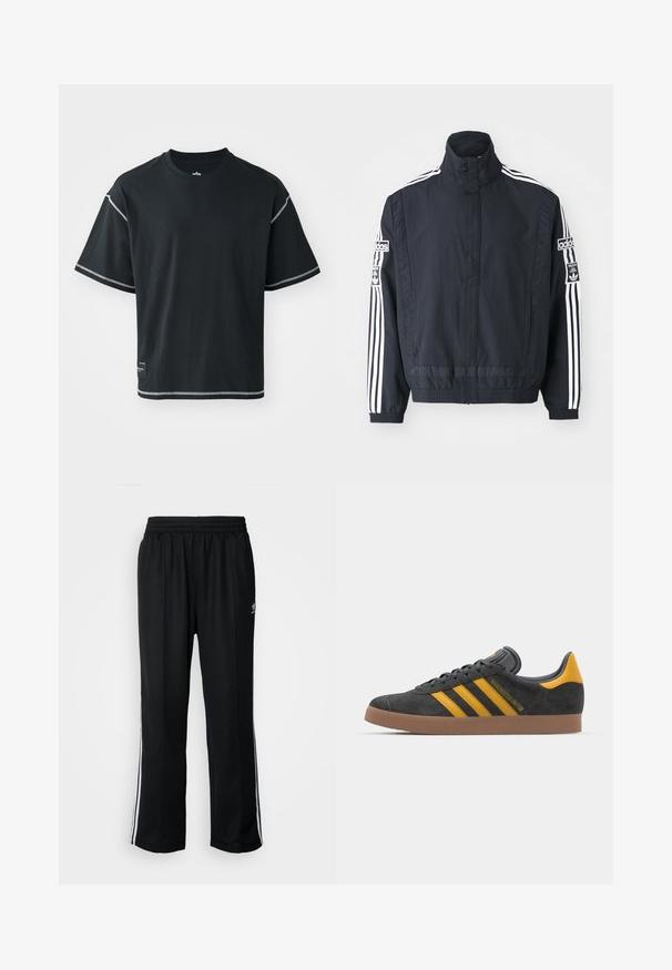 adidas Originals ADIBREAK - Vetrovka - black; Črna majica s kratkimi rokavi v ohlapnem kroju, izdelana iz bombaža. Ima okroglo ovratnik in kontrastne bele šive ob ramenskih šivih in ob robu.; Črne atletske hlače z elastičnim pasom, ki imajo bele stranske črte in majhen logo. Material izgleda mehak in lahek.; Črne semiš tene z rumenimi akcenti, ki vsebujejo tri trakove in rjavo gumo podplat. Vključujejo oblazinjeno jezik za udobje.