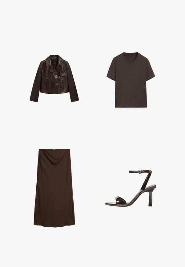 Hnědá kožená zkrácená bunda s vykrojeným límcem, zapínáním na zip a dvěma předními kapsami. Obsahuje jemnou texturu a kontrastní švy.; Tmavě hnědé tričko s krátkým rukávem vyrobené z bavlny. Má kulatý výstřih a volný střih, bez viditelných vzorů nebo akcentů.; Hnědá sukně ke kolenům vyrobená z hladké látky s drapovaným designem v pase. Má rovný střih a měkkou texturu.; Hnědé lakované kožené sandály na vysokém podpatku s páskem kolem kotníku, otevřenou špičkou a elegantním, minimalistickým designem. Obsahují čtvercový podpatek.