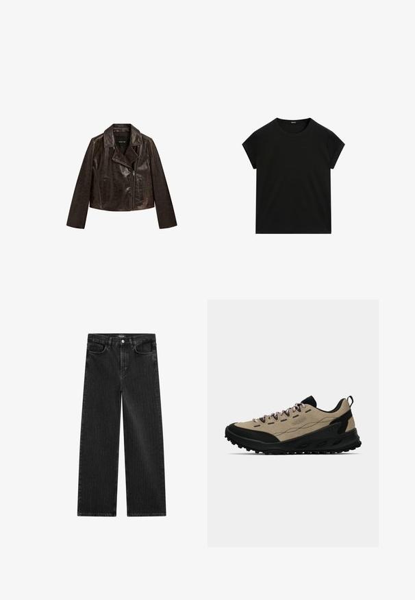 Brown leather cropped jacket with a notched collar, zip closure, and two front pockets. Features subtle texture and contrast stitching.; Black short-sleeve crew neck t-shirt with a straight hem, displayed flat on a white background.; Wide-leg black denim jeans with a subtle vertical stripe pattern, featuring five-pocket design and a classic button closure at the waist.; Beige and black low-top hiking shoe with rugged sole, pink laces, and pull tab on heel, designed for outdoor use.