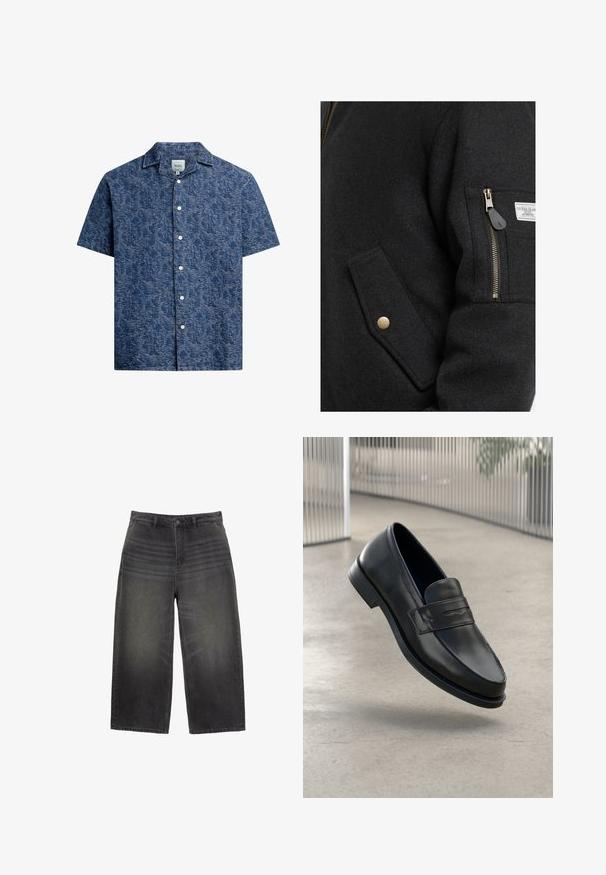 Zwarte wollen mix jas met een ritszak, gouden accenten en een zijflapzak. De stof heeft een gladde, gestructureerde uitstraling.; Korte mouw knoopshirt van gestructureerde donkerblauwe stof met een subtiel patroon en een klassieke kraag. Voorzien van witte knopen aan de voorkant.; Wijduitlopende zwarte spijkerbroek van denim met een vervaagde afwerking, met een klassieke vijf-pocket ontwerp en knoopsluiting. Rechte snit met een gestructureerd oppervlak.; Zwarte leren loafer met een gladde textuur, spitse neus en een decoratieve band over de wreef. Lichtgewicht zool, minimalistisch ontwerp.